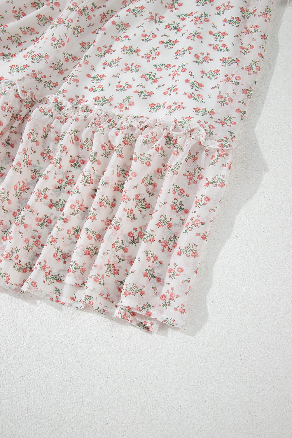 White Floral Print Shirred Ruffled Hem Square Neck Midi Dress eAura