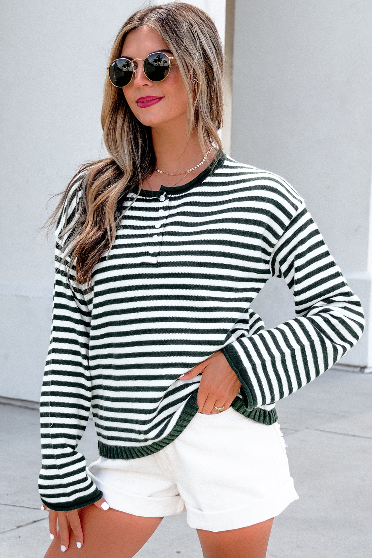 Striped Button Placket Drop Shoulder Long Sleeve Sweater – Pink Stripe