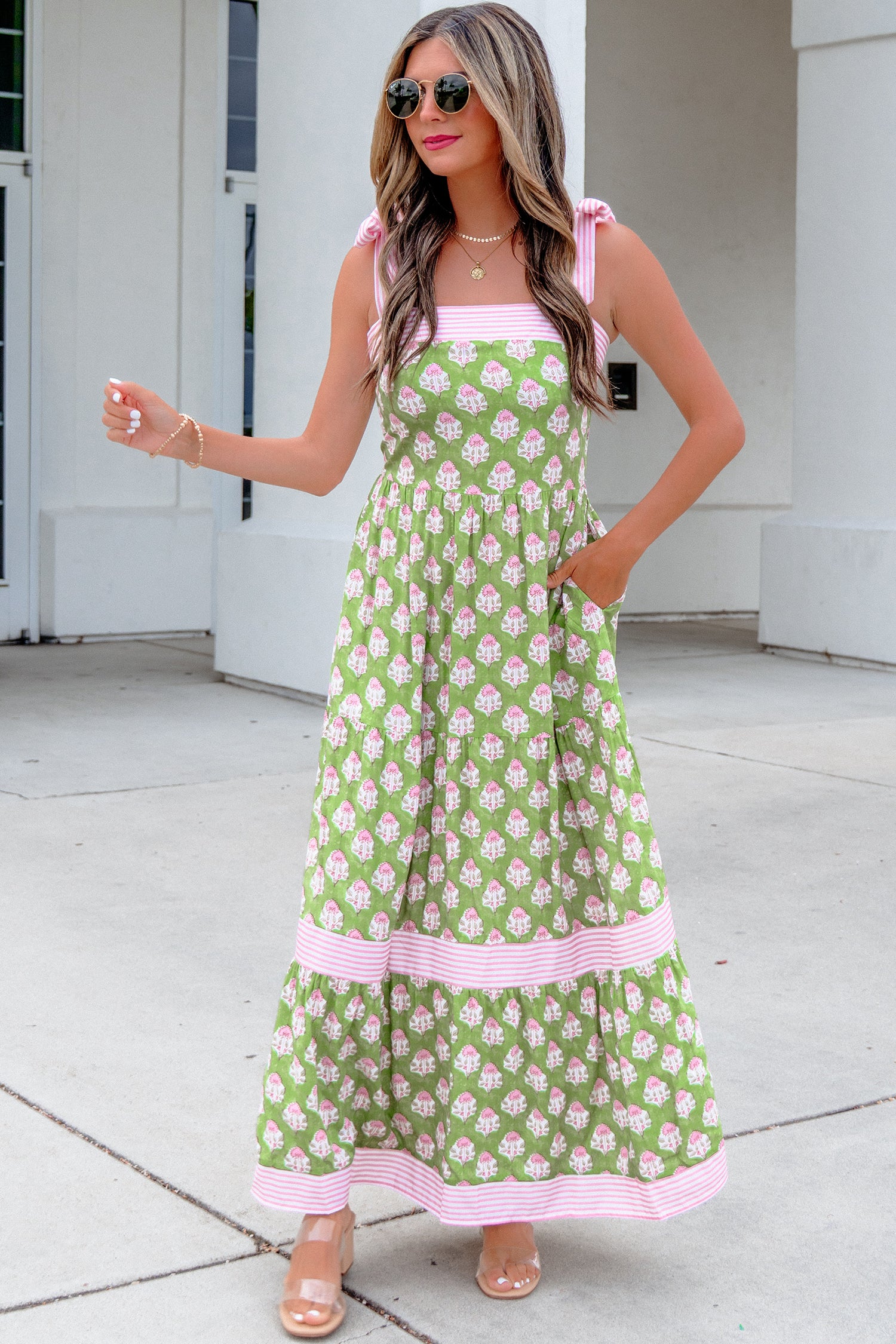 Floral Print Striped Knot Strap Maxi Dress – Green