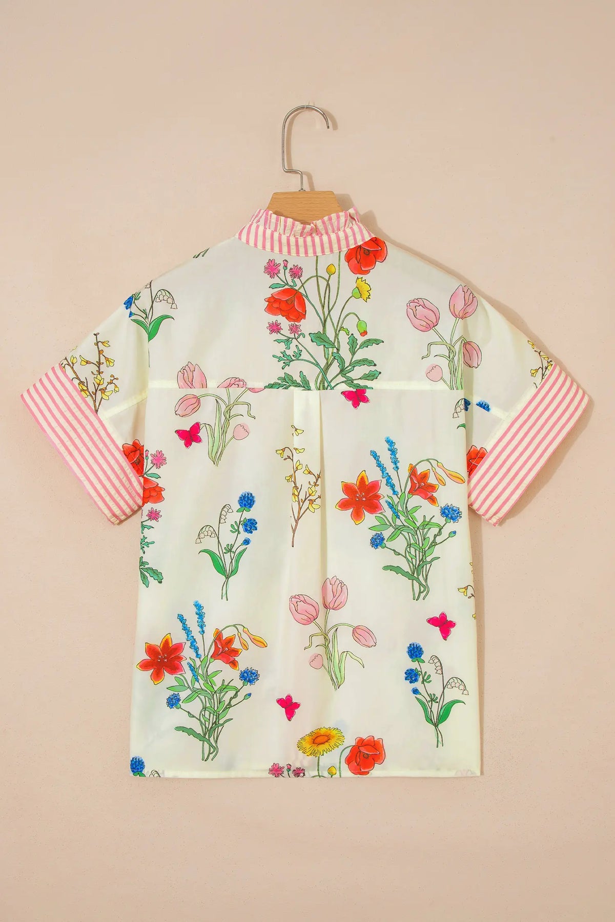 Floral Striped Patchwork Ruffled Collar Short Sleeve Shirt – Beige