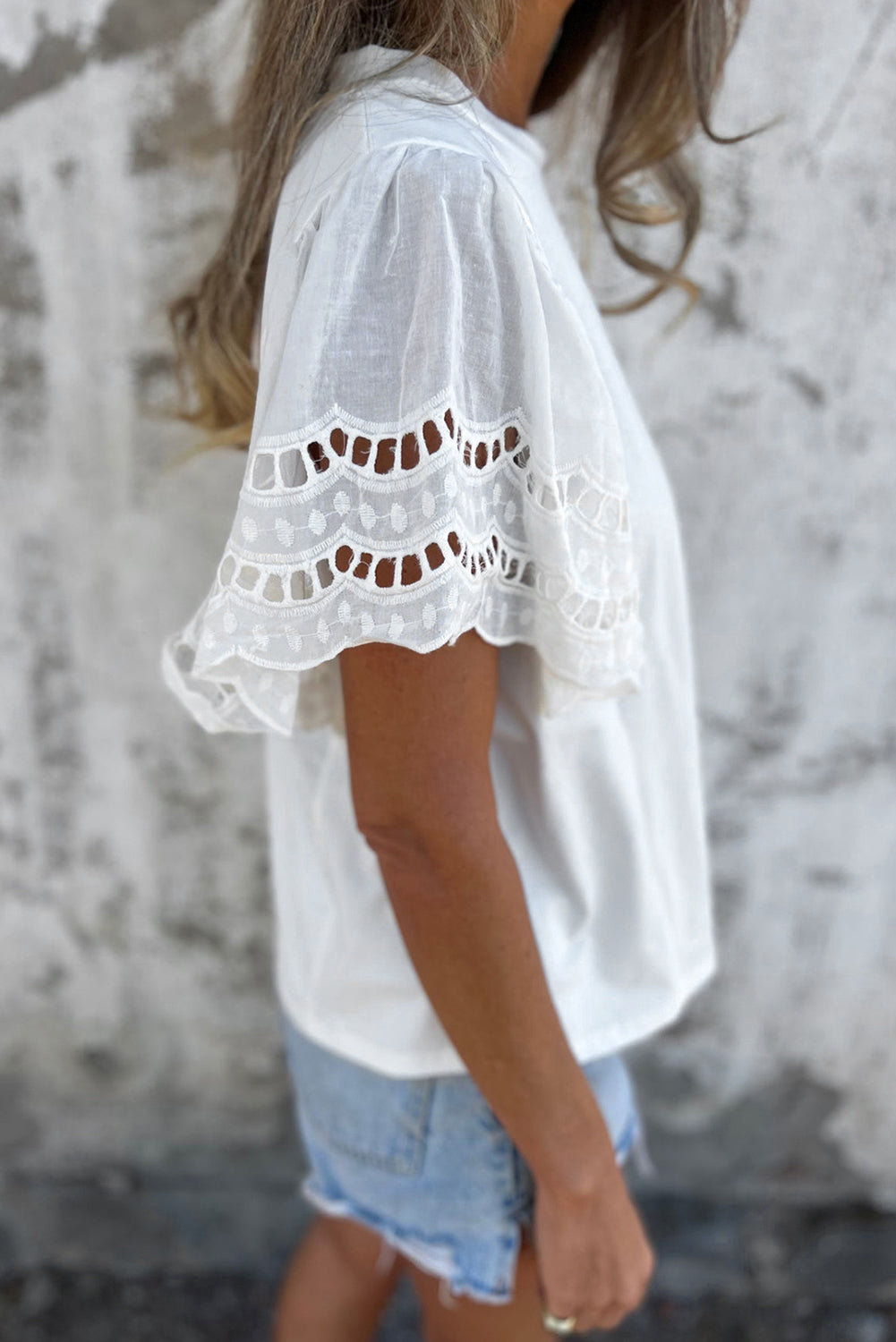 White Hollow Out Embroidered Short Sleeve O Neck Top eAura