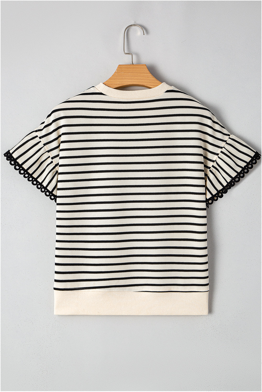 Black Stripe Scallop Lace Trim Ruffle Short Sleeves Crewneck Top eAura