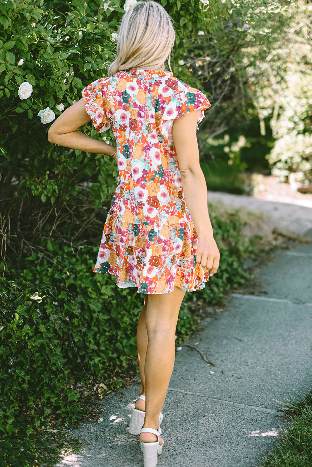 Purple Floral Print Split Neck Flutter Sleeve Dress eAura