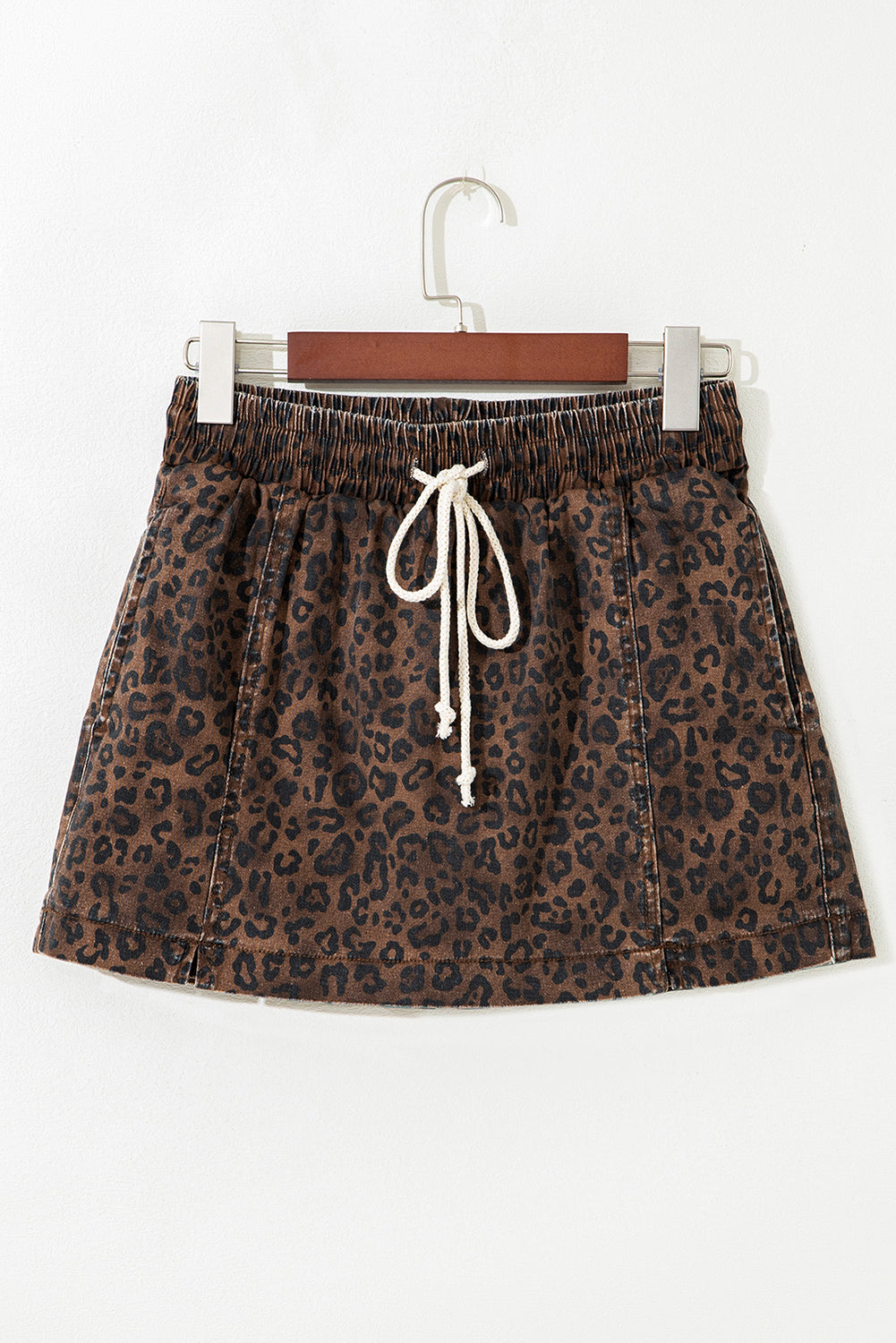 Brown Leopard Print Elastic Waist Drawstring Denim Skort eAura