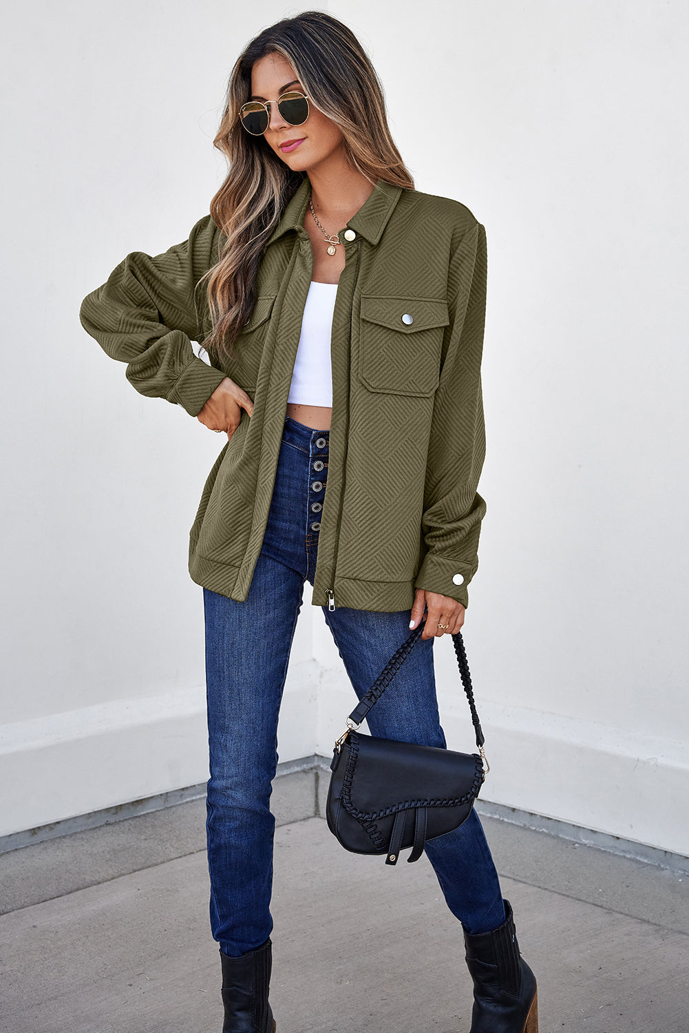Solid Color Zip Up Button Flap Pocket Shirt Collar Jackets – Blackish Green