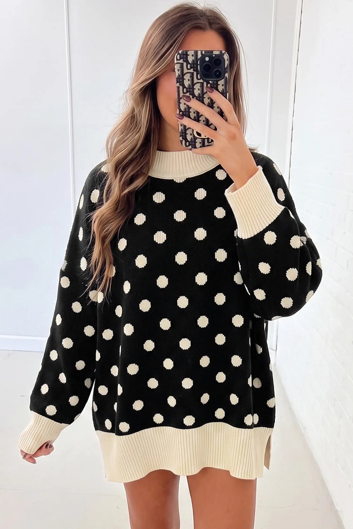 Split tunic sweater with polka dot pattern