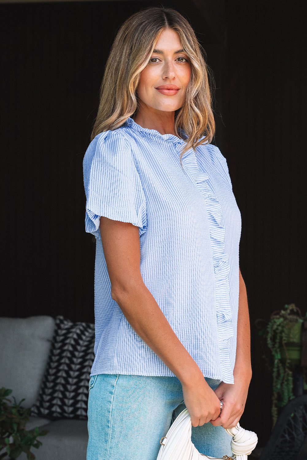 Striped Ruffle Short Bubble Sleeve Shirt eAura