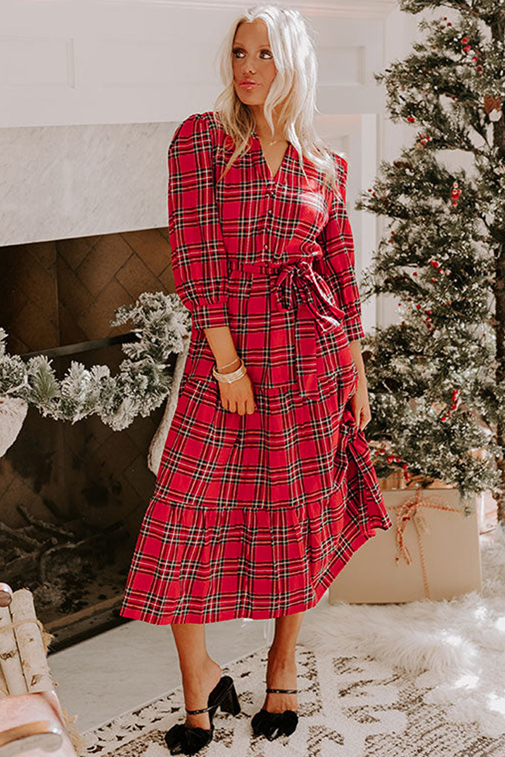 Christmas Plaid Print V-Neck 3/4 Sleeve Tie Waist Long Dress - eAura