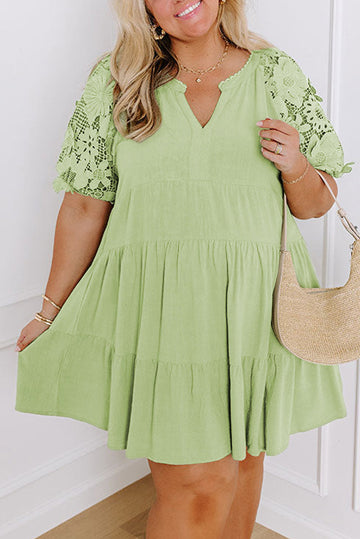Laurel Green Floral Crochet Short Sleeve Notch V Neck Tiered Plus Size Mini Dress BB Fashion Outlet