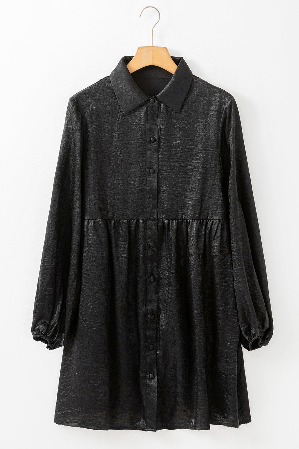 Peach Blossom Metallic Sheen Puff Sleeve Button Up Mini Shirt Dress eAura