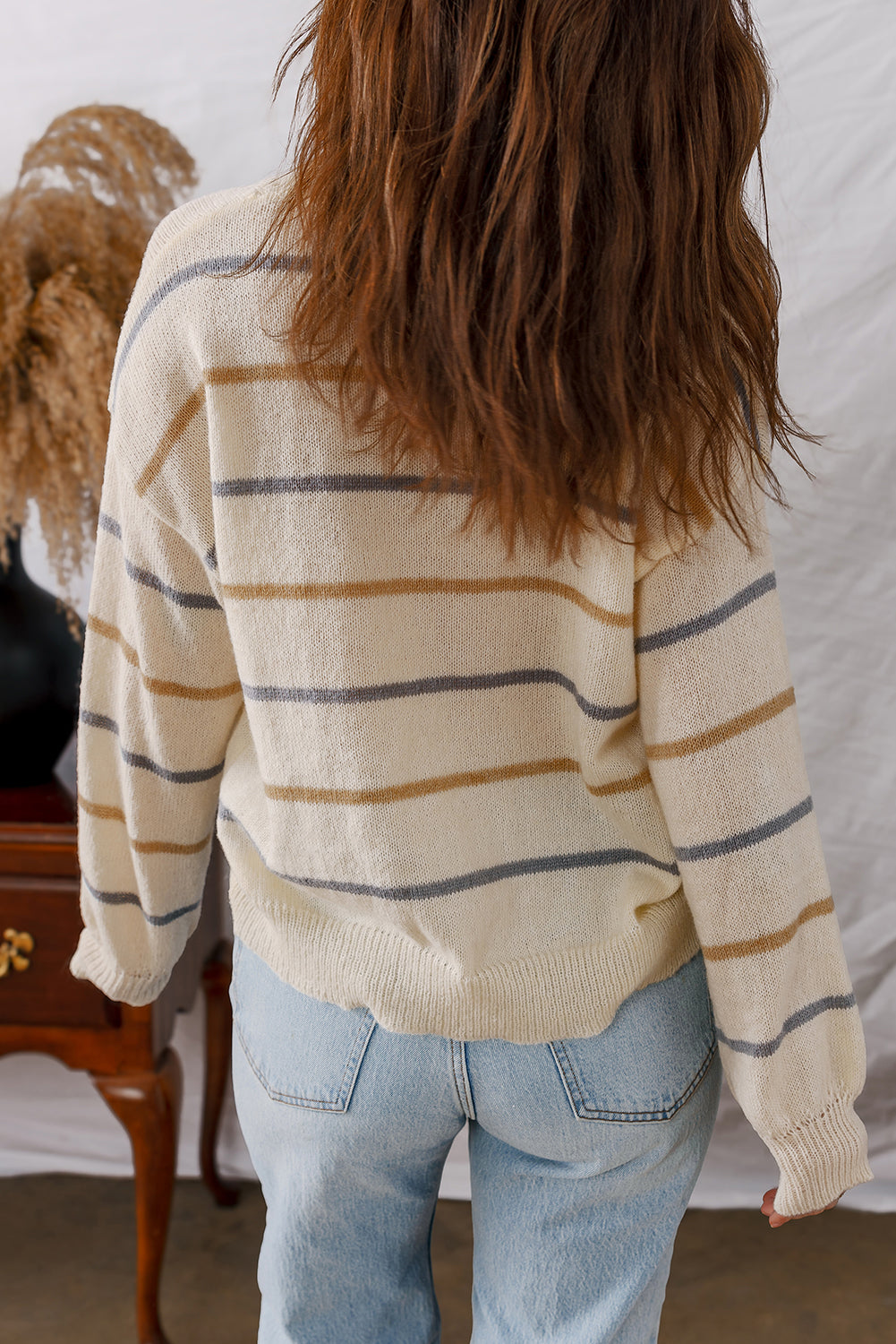 Multicolour Striped Buttoned Front V-Neck Drop Shoulder Cardigan eAura