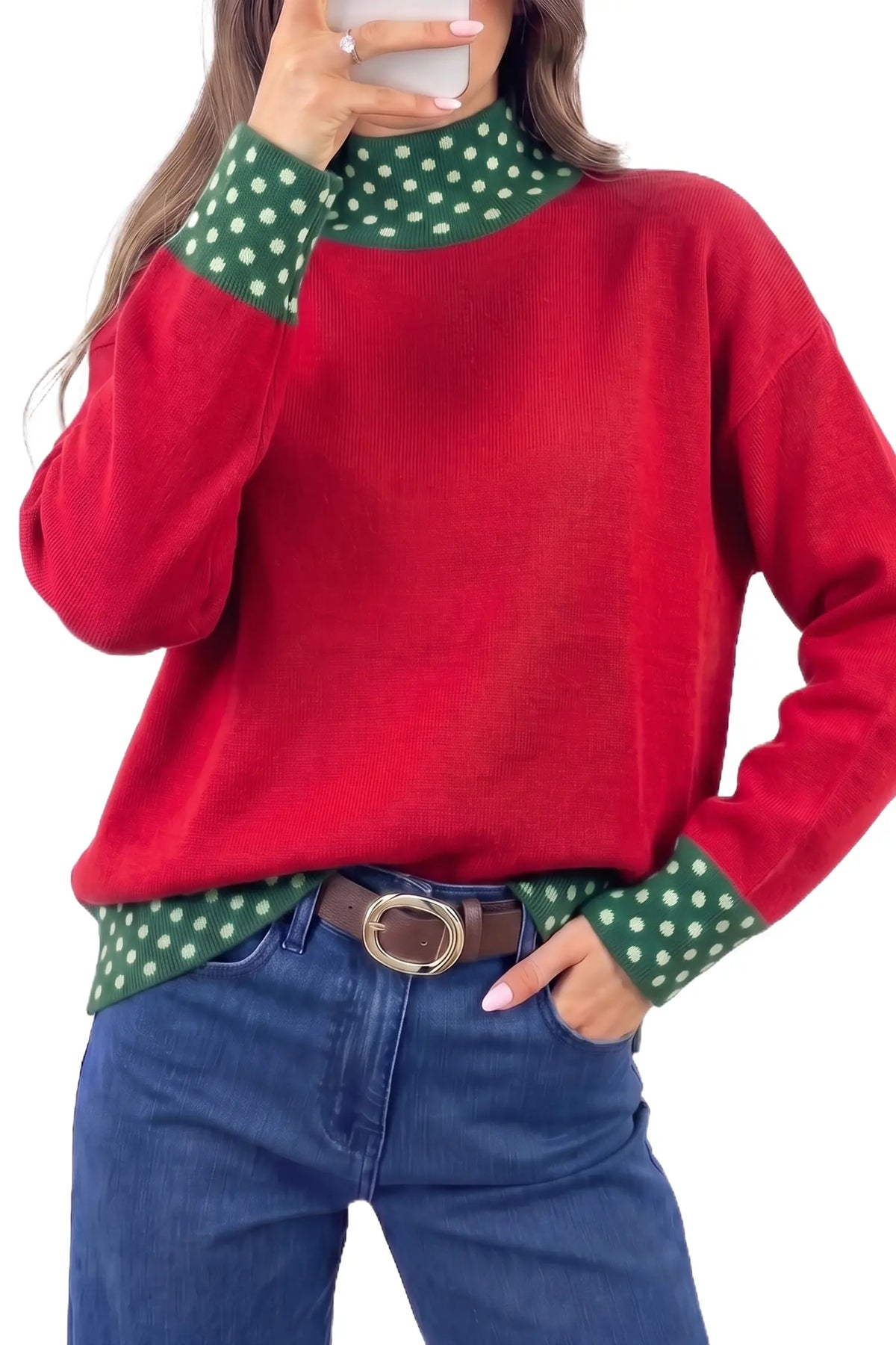 Polka Dot Contrast Mock-Neck Sweater – Coffee & Fiery Red