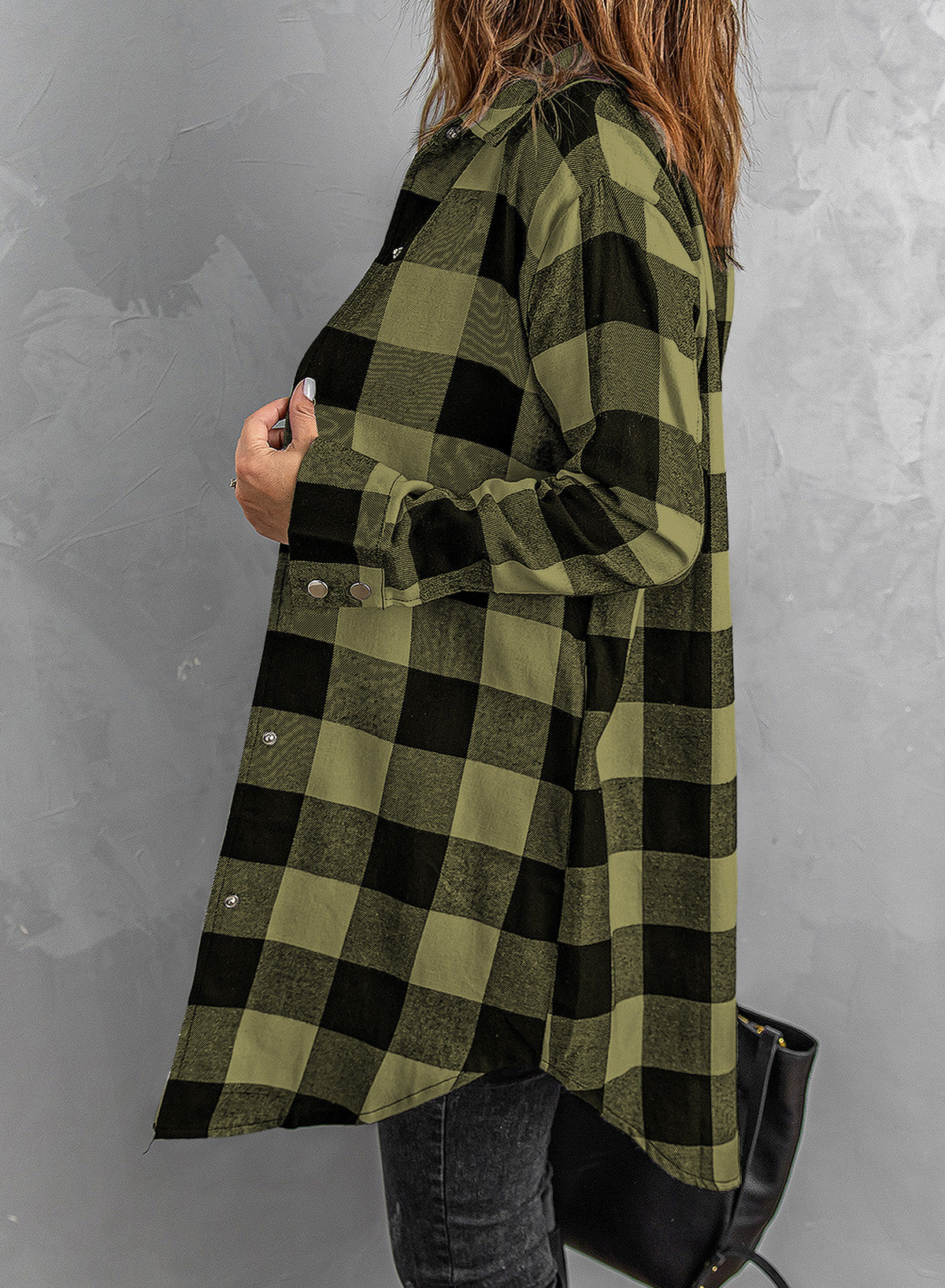 Black Turn-down Collar Plaid Shirt Coat eAura