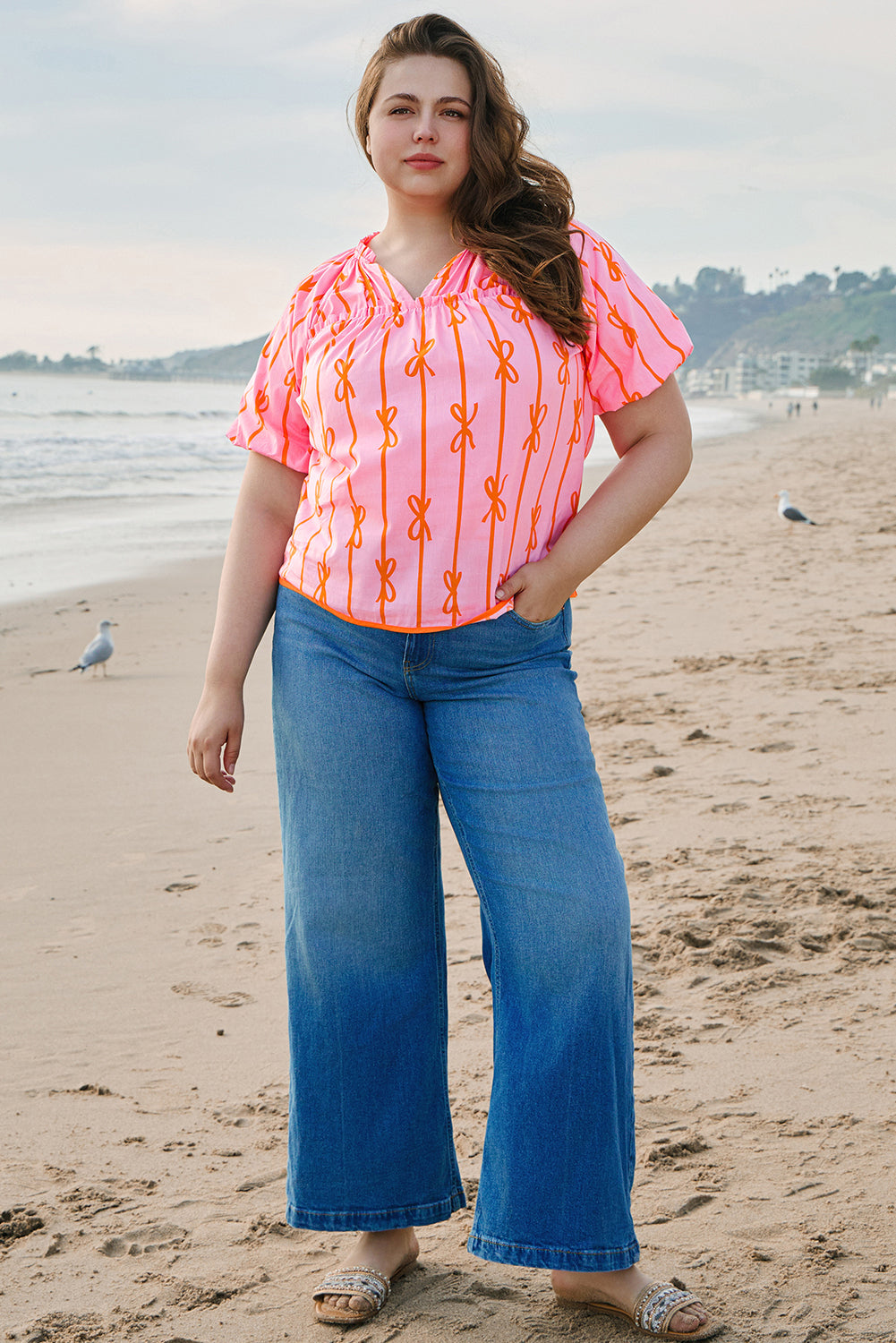 Rose Bowknot Print Shirred V Neck Puff Sleeve Plus Size Blouse BB Fashion Outlet