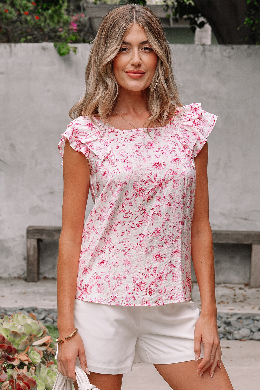 Floral Ruffled Short Sleeve Bow Back Square Neck Blouse eAura