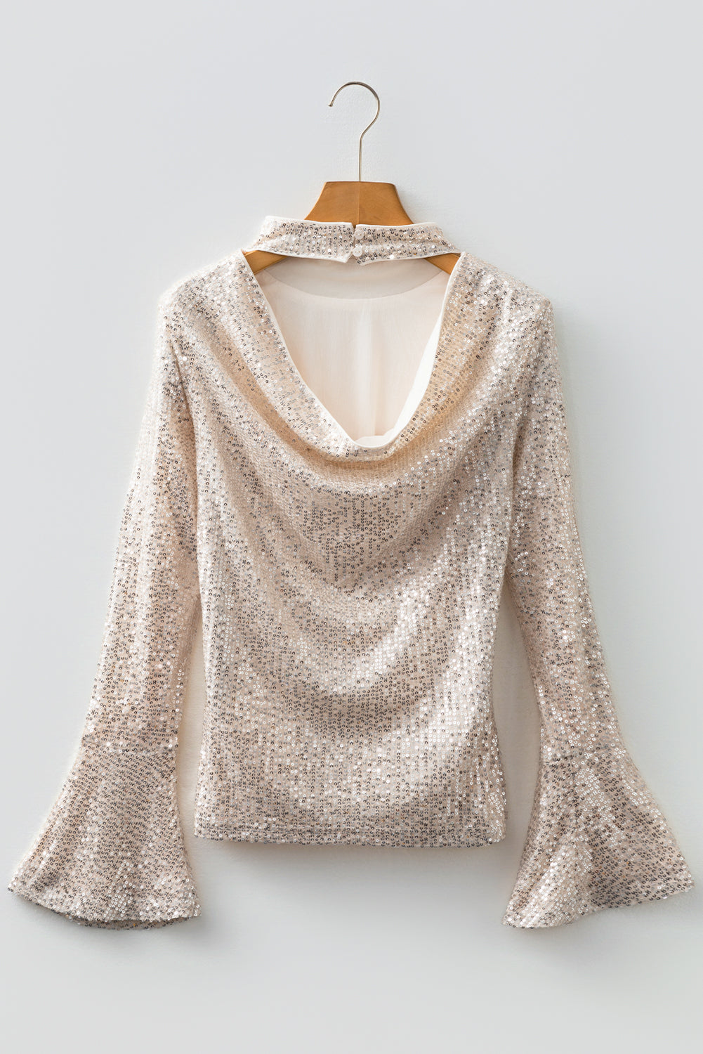 Sequin Mock Neck Drape Open Back Bell Sleeve Top - eAura