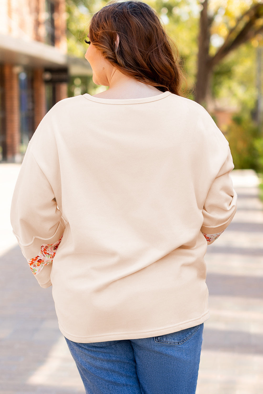 Beige Plus Size Flower Patched Side Slits Crewneck Top BB Fashion Outlet
