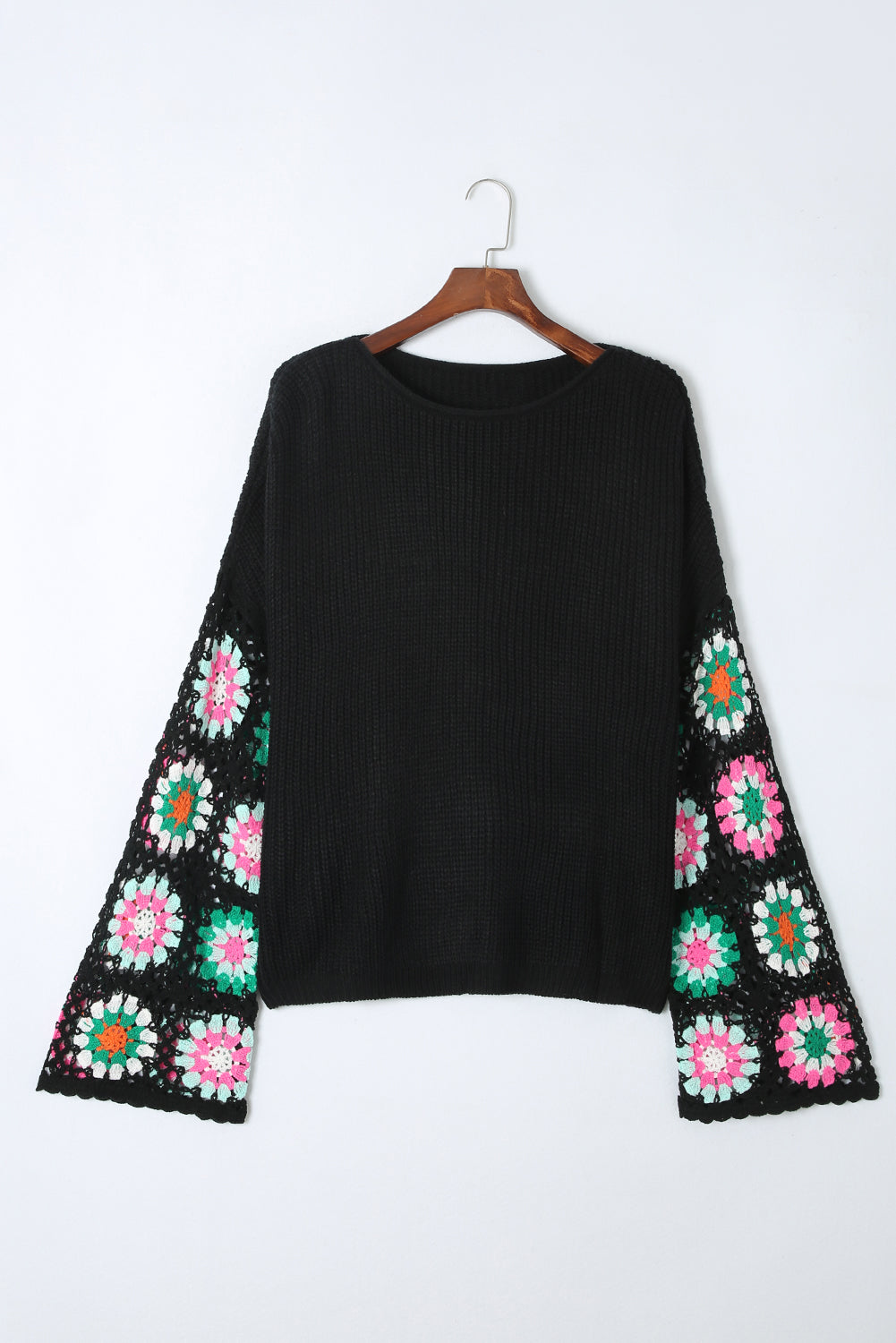 Black Floral Crochet Bell Sleeve Loose Sweater eAura