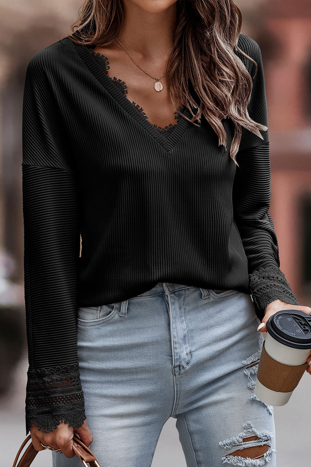 Ribbed Texture Lace Trim V Neck Long Sleeve Top BB Fashion Outlet