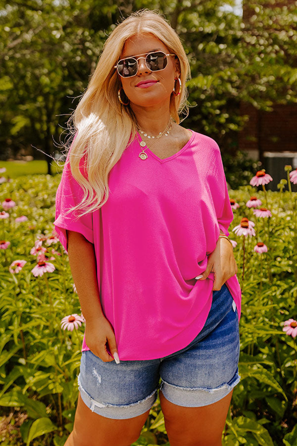 Bright Pink Seamed Back High Low Hem V Neck Cuffed Sleeve Plus Size Tee BB Fashion Outlet