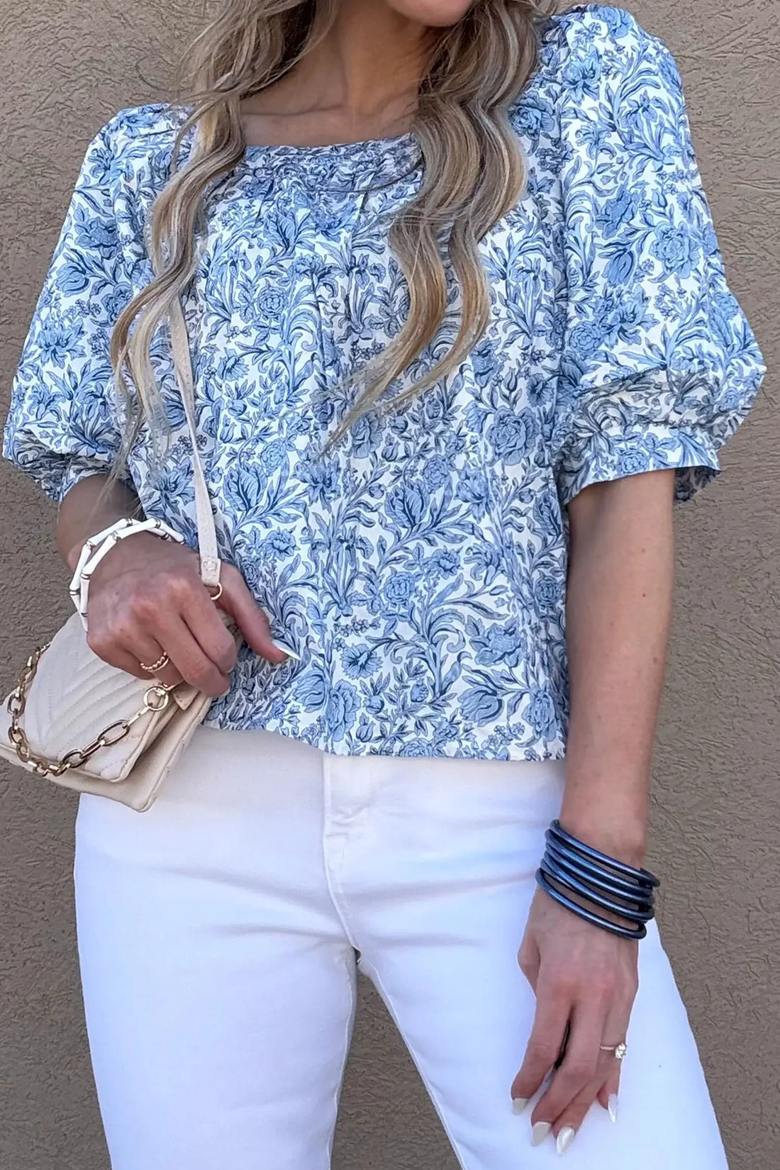 Square Neck Short Puff Sleeve Pleated Floral Blouse