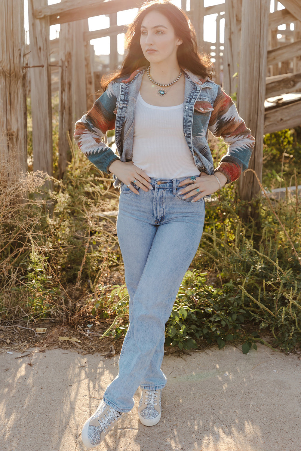 Multicolour Aztec Print Frayed Hem Denim Jacket eAura