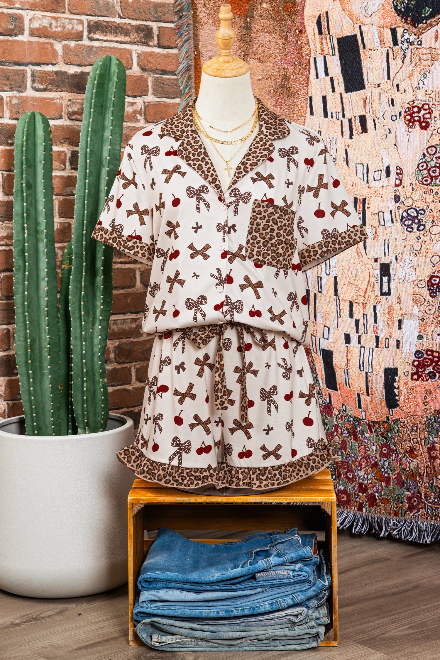 Chic Bow Cherry Print Leopard Contrast Shirt and Drawstring Pyjams