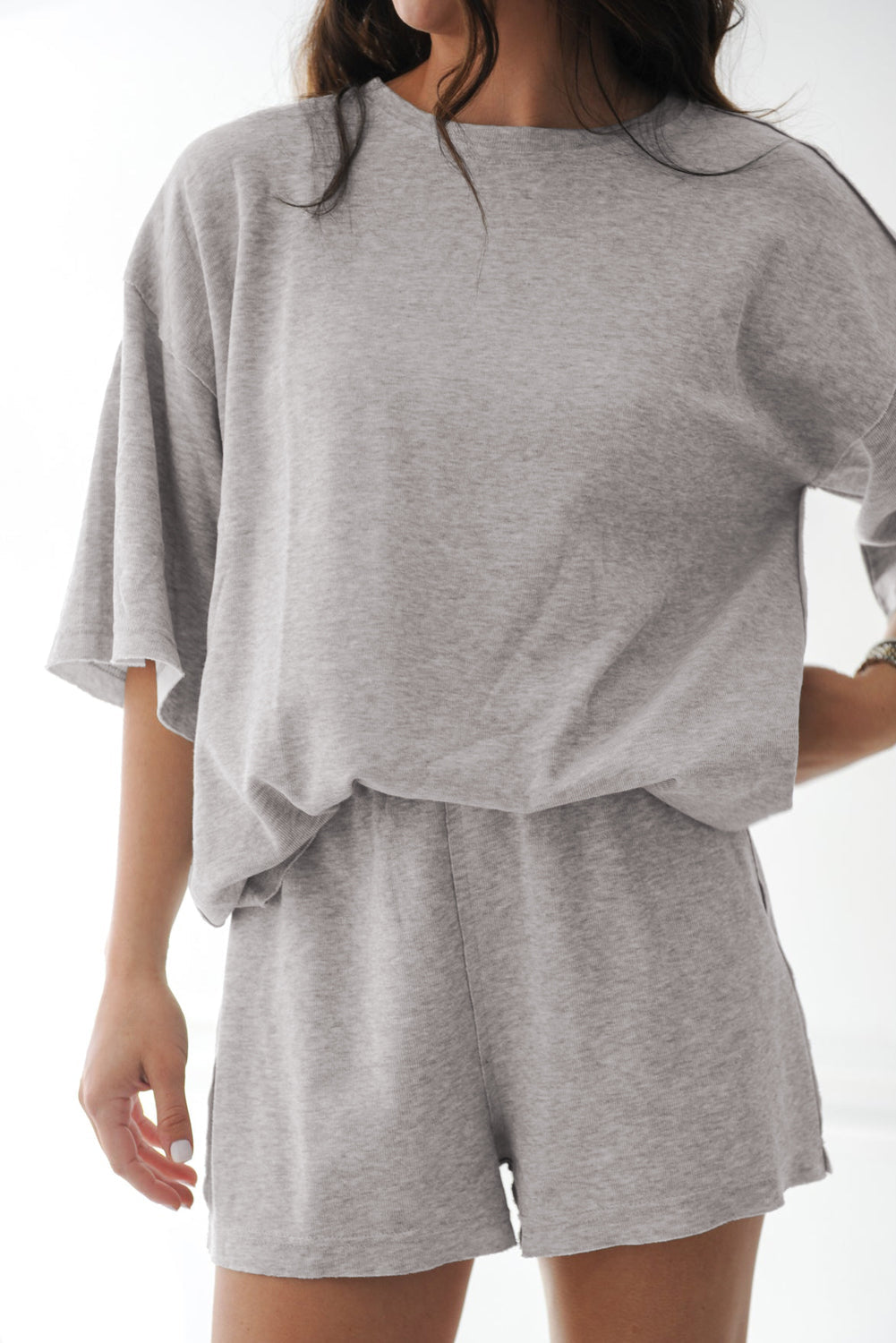 Grey Solid Colour Loose Tee 2 Piece Shorts Set eAura