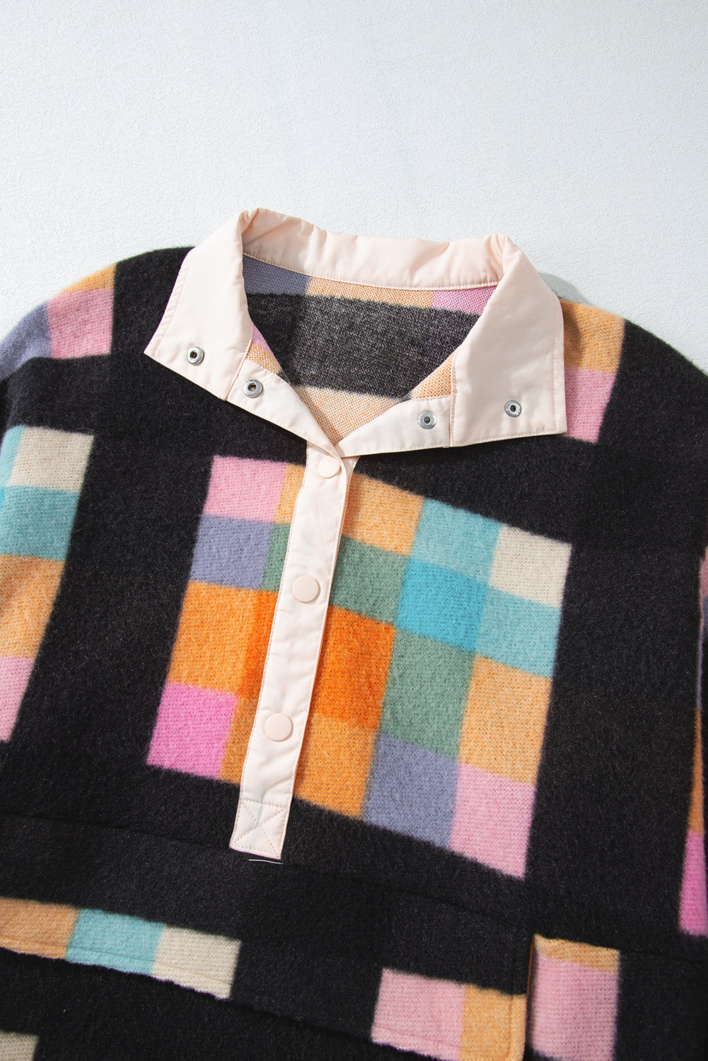 Black Plus Size Checkered Print Sherpa Henley Sweatshirt BB Fashion Outlet