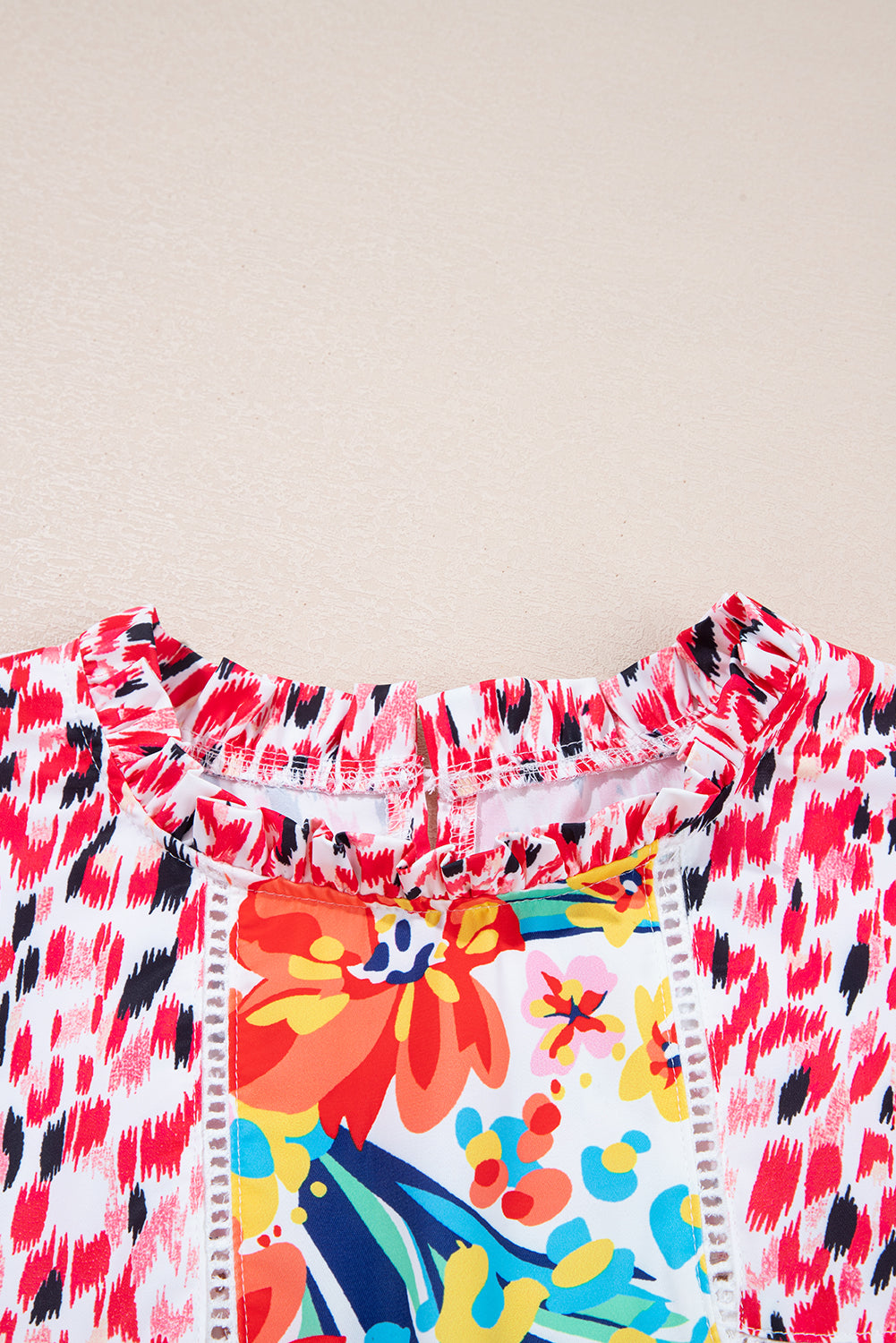 Floral Contrast Print Ruffle Cap Sleeve Blouse eAura