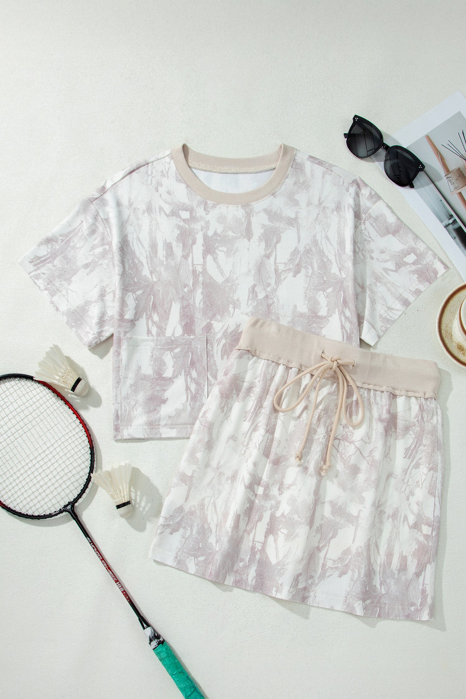 Gray Woodland Camo Print Raw Edge Cropped Top & Skirt Set