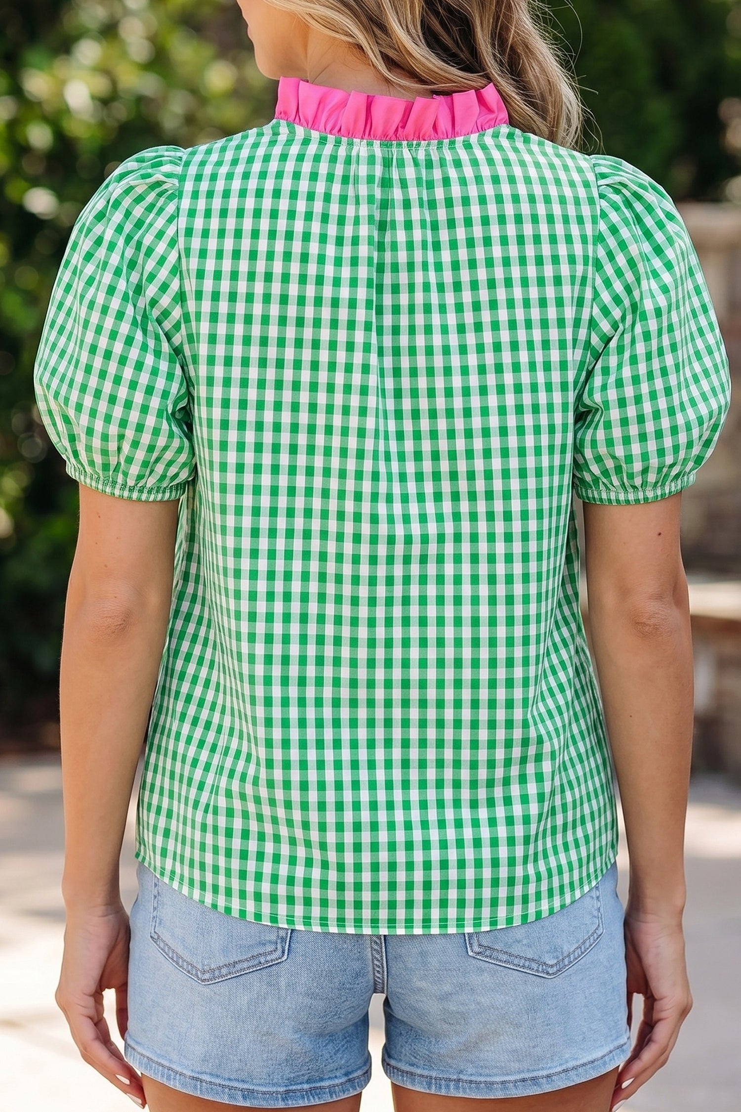 Gingham Plaid Bubble Sleeve Colorblock Trim V Neck Blouse – Green