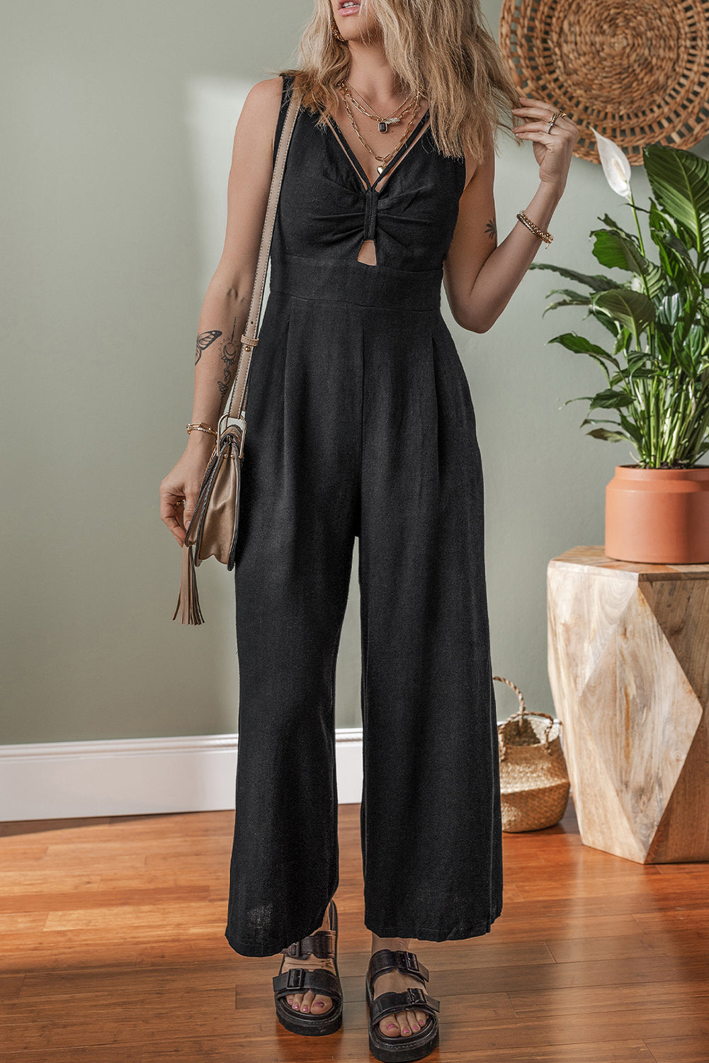 Black Front Cut Out Smocked Back Sleeveless Wide Leg Jumpsuit eAura