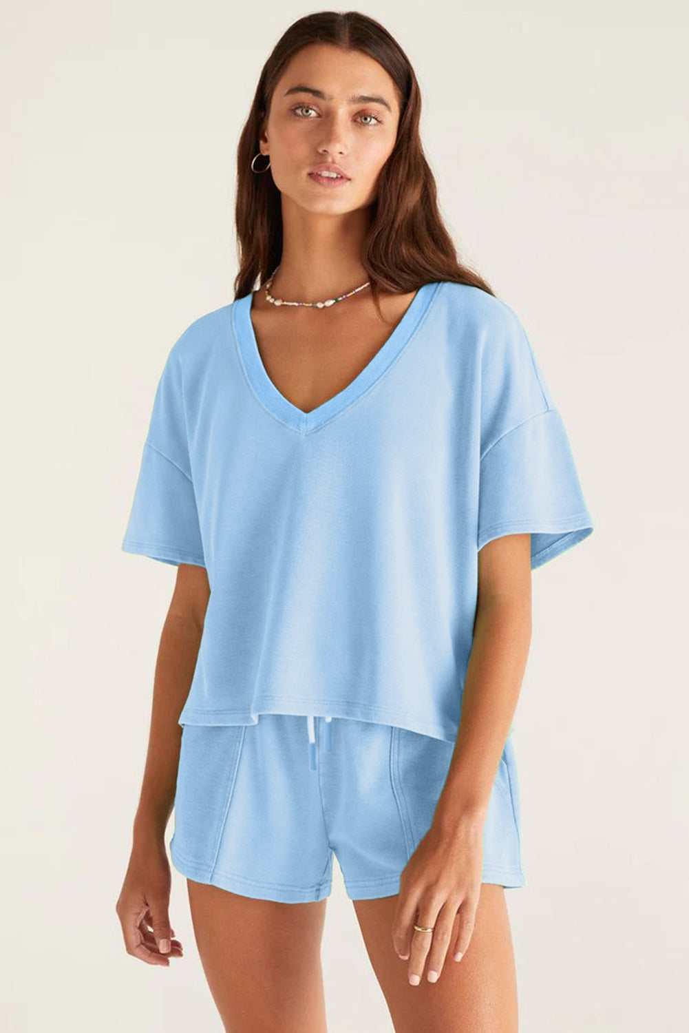 Myosotis V Neck Drop Shoulder Tee and Patchwork Drawstring Shorts Set BB Fashion Outlet