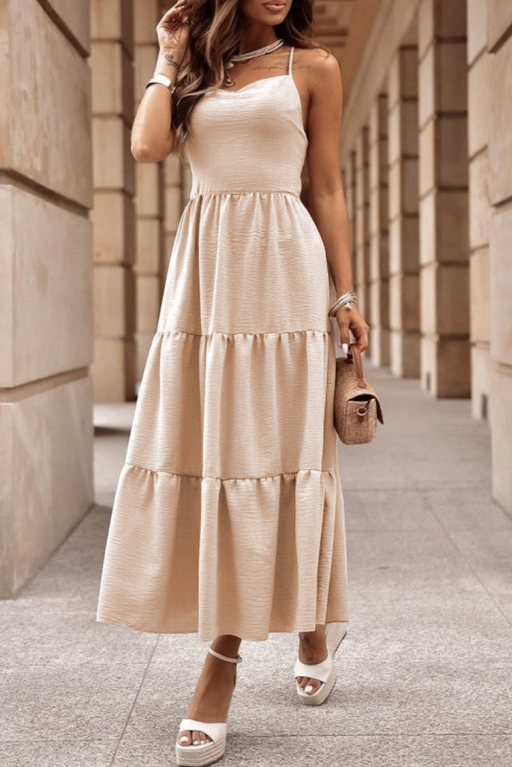 Black Crossover Backless Bodice Tiered Maxi Dress eAura