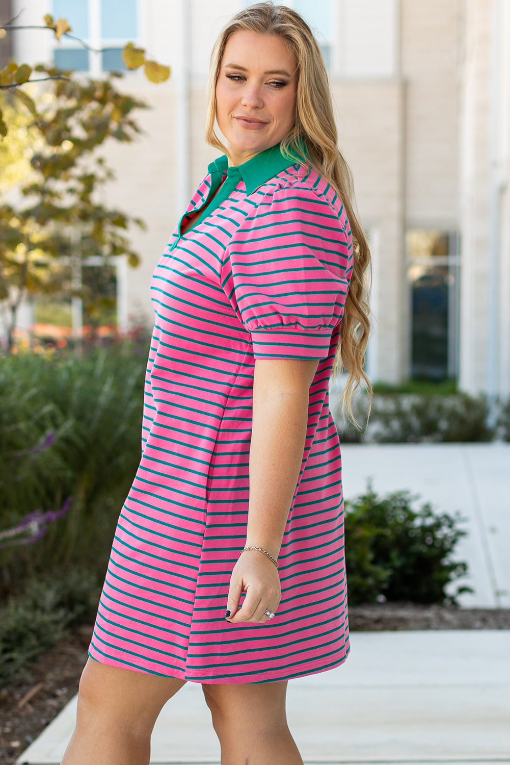 Rose Stripe Collared V Neck Puff Sleeve Shift T Shirt Dress with Pockets BB Fashion Outlet