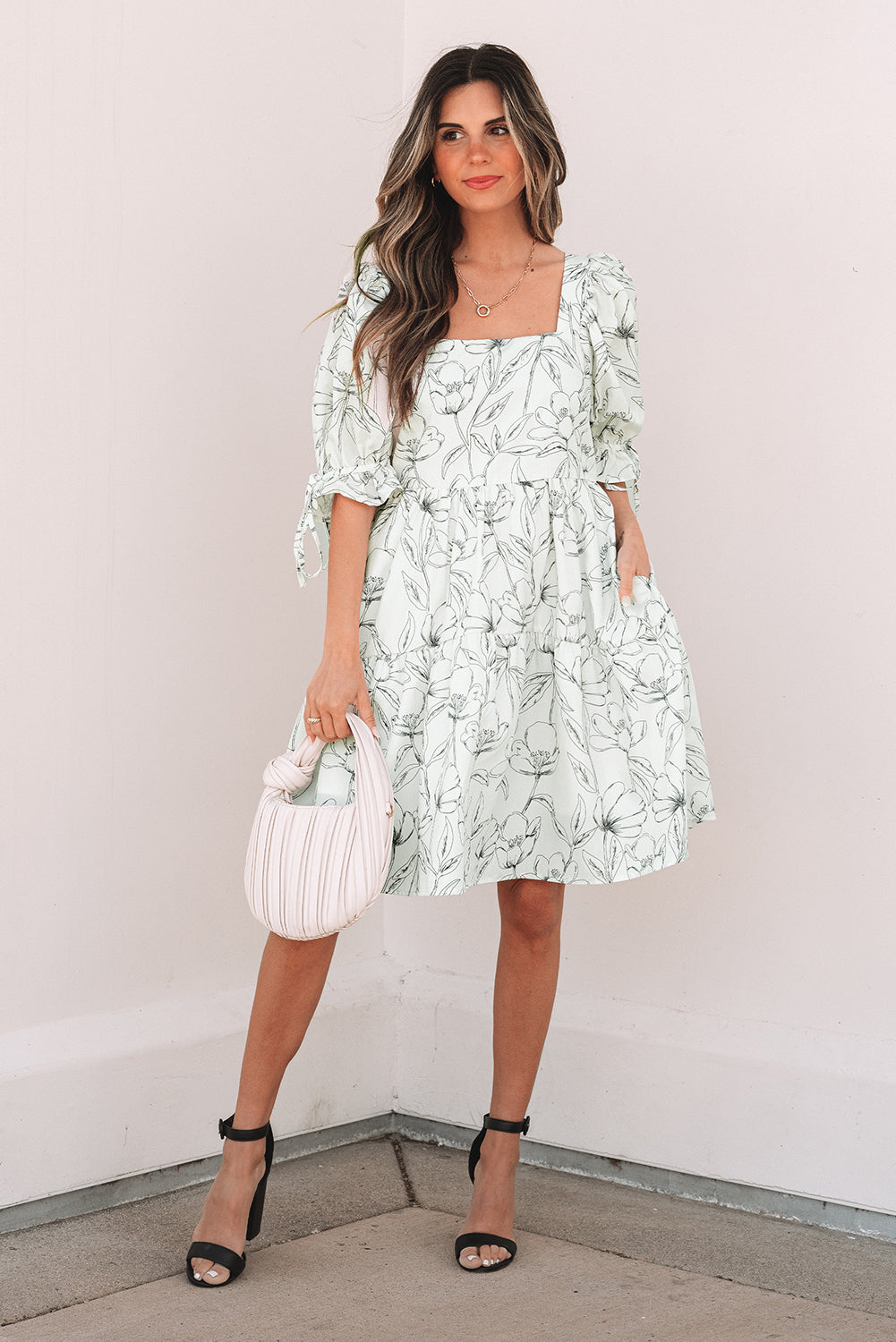 Beige Floral Print Square Neck Shirred Back Puff Sleeve Mini Dress eAura