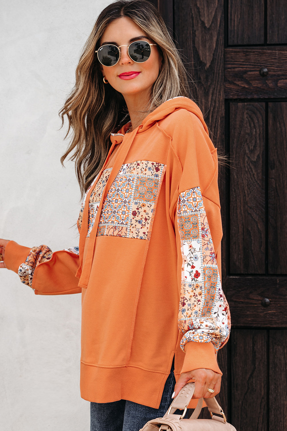 Mix Floral Patchwork Side Slit Drawstring Hoodie eAura