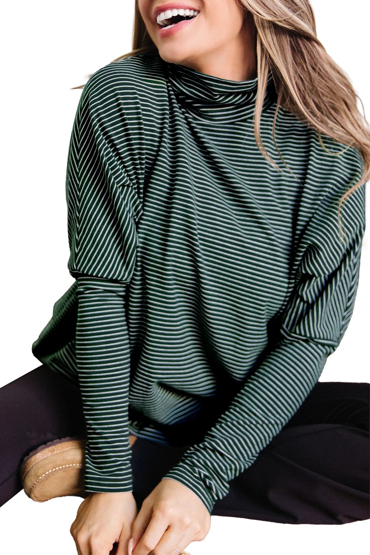 High Neck Dropped Shoulder Long Sleeve Casual Top – Green Stripe