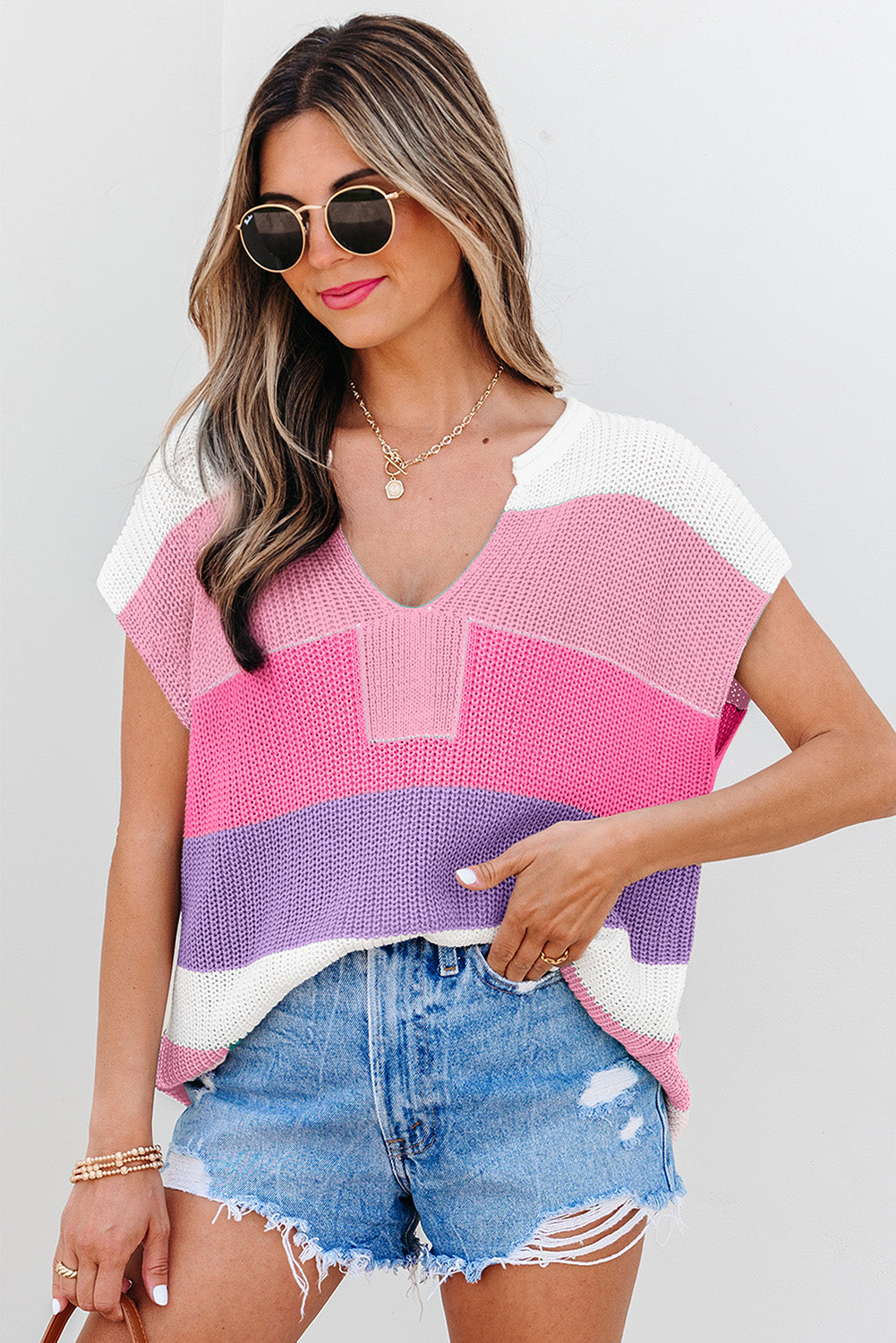 Pink Color Block Notch V Neck Sweater T Shirt eAura