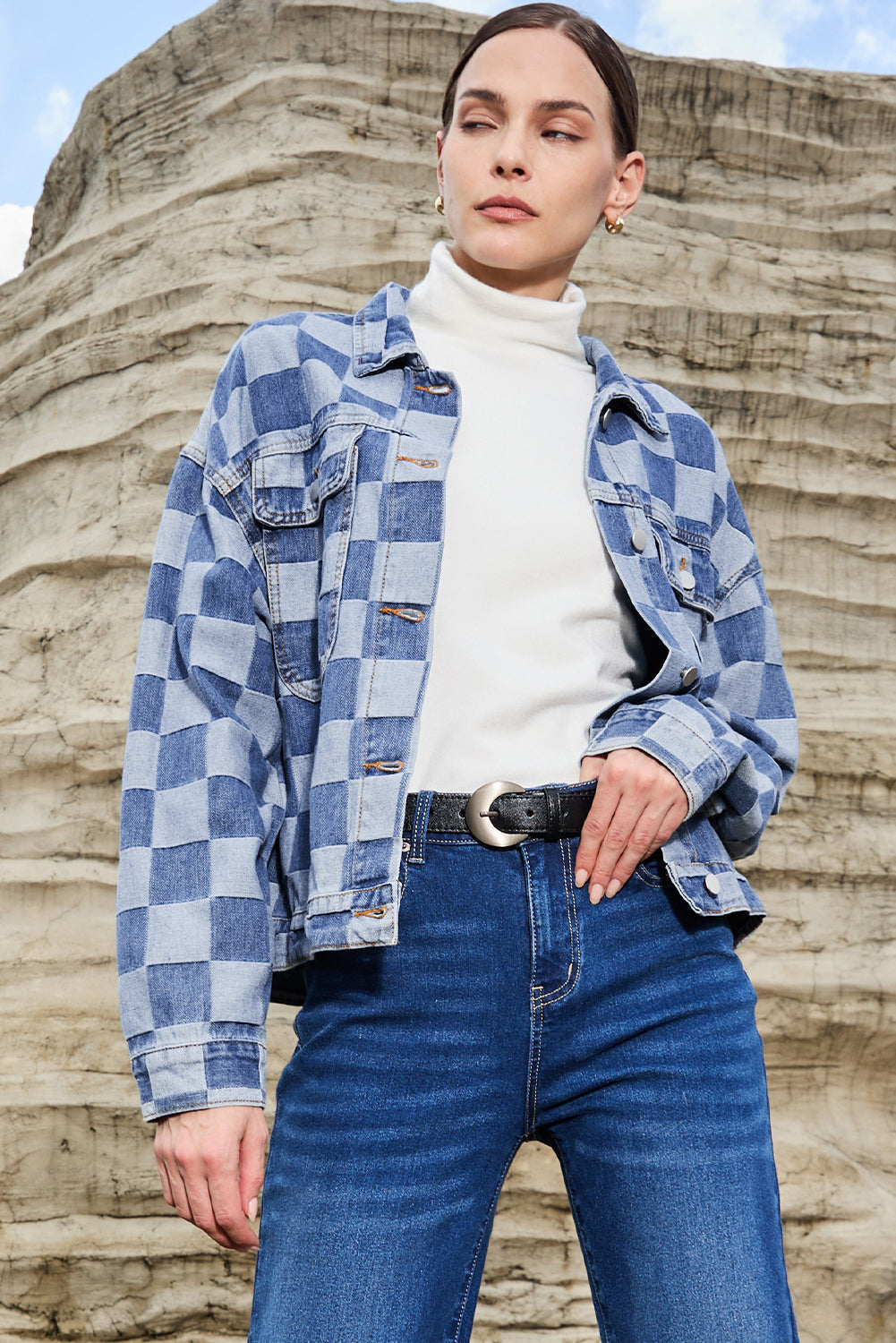 Light Blue Checkered Patchwork Button up Denim Jacket Beagle Boutique Fashion Outlet