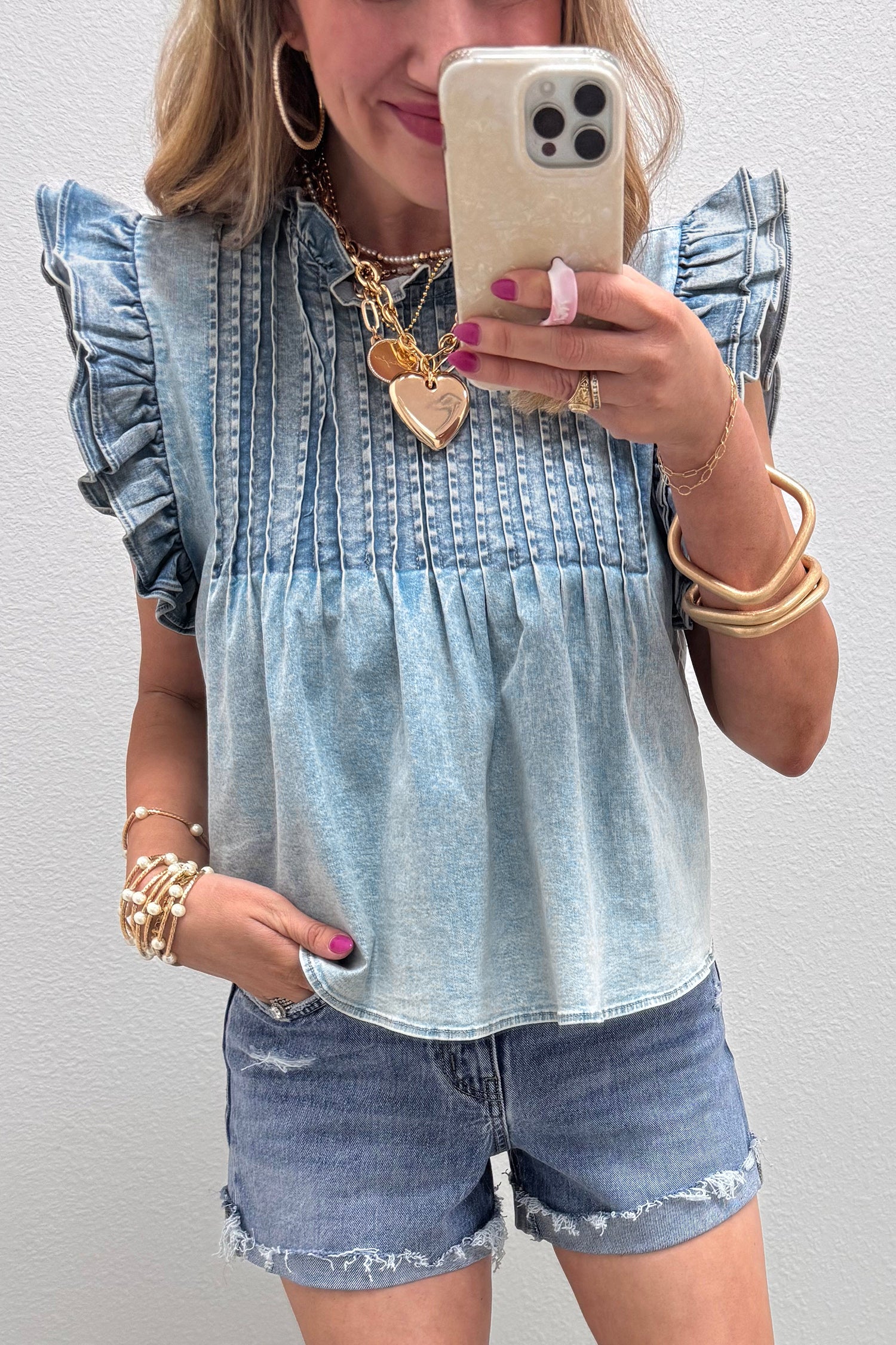 Ruffle Pleated Detail Vintage Washed Denim Top