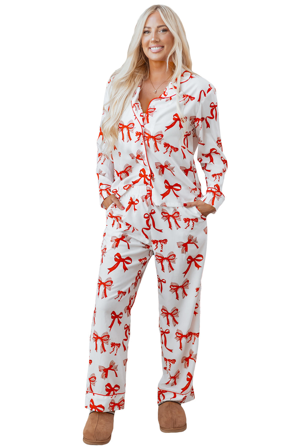 Red Christmas Bow Print Pyjama Set - eAura