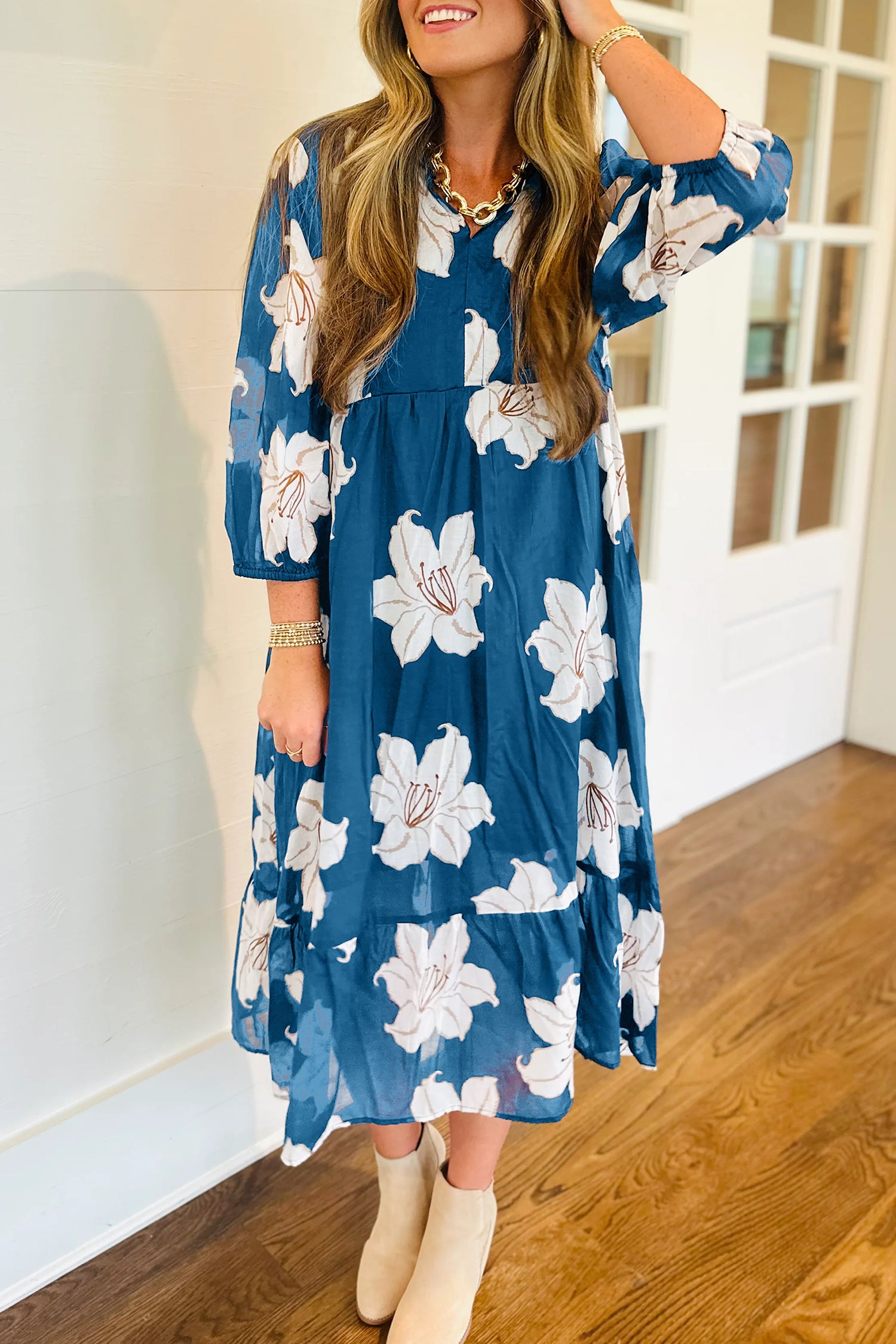 Floral Print Shirt Collar V-Neck 3/4 Sleeve Shift Midi Dress - Dresses/Midi Dresses