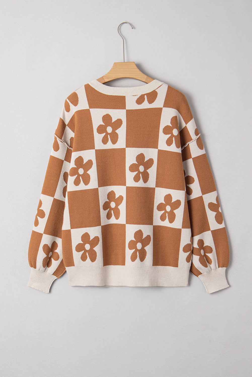 Flower Colourblock Checkered Henley Sweater - eAura