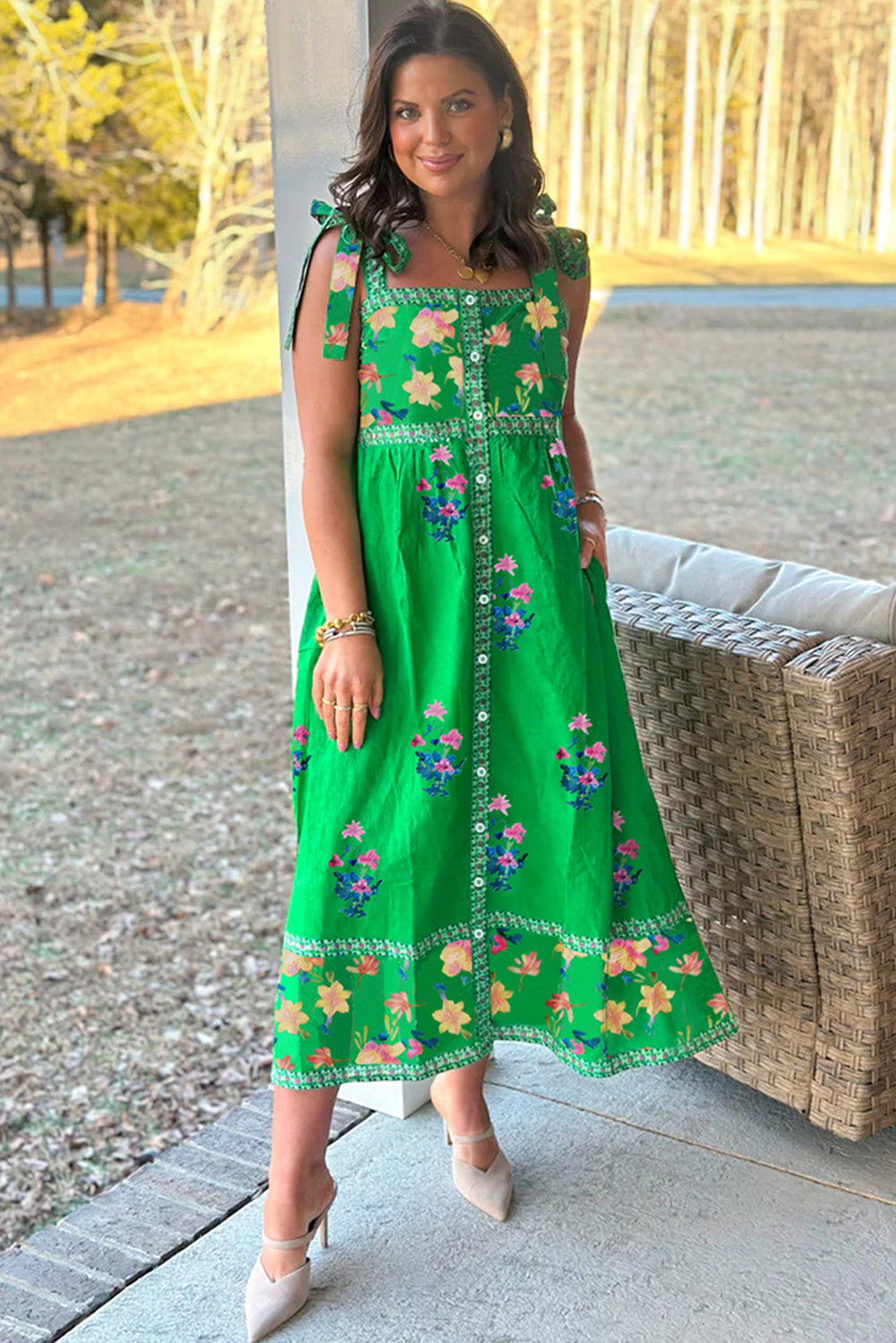 Green Floral Print Contrast Trim Knotted Straps Midi Dress eAura