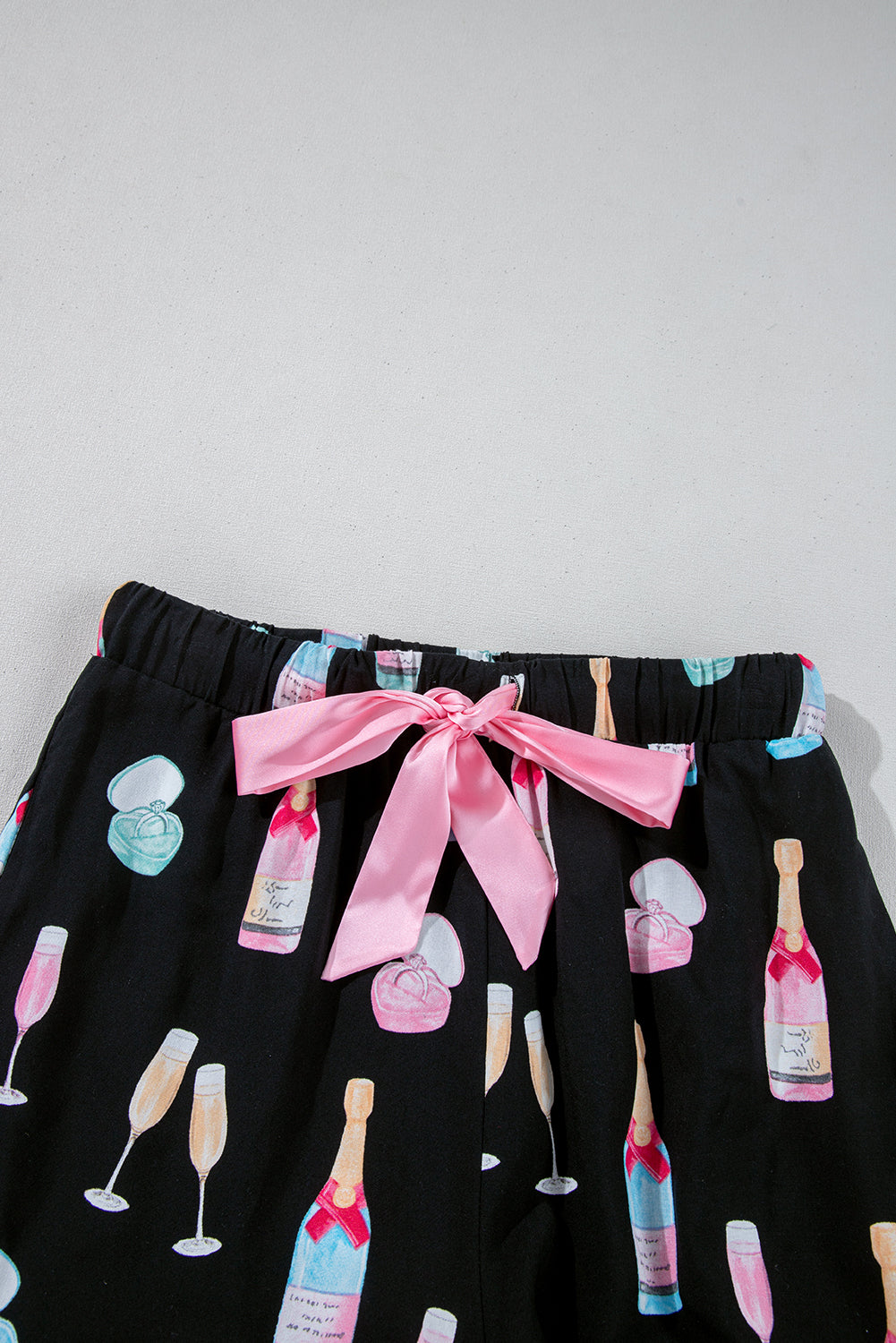 Christmas Wine Glass Print Bow Knot Two Piece Pajama Set – Color Black
