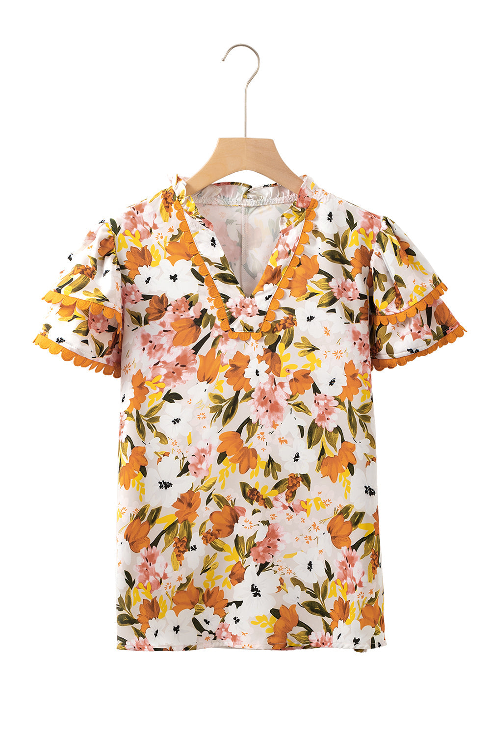 Russet Orange Ruffled V Neck Scalloped Short Sleeve Floral Blouse eAura