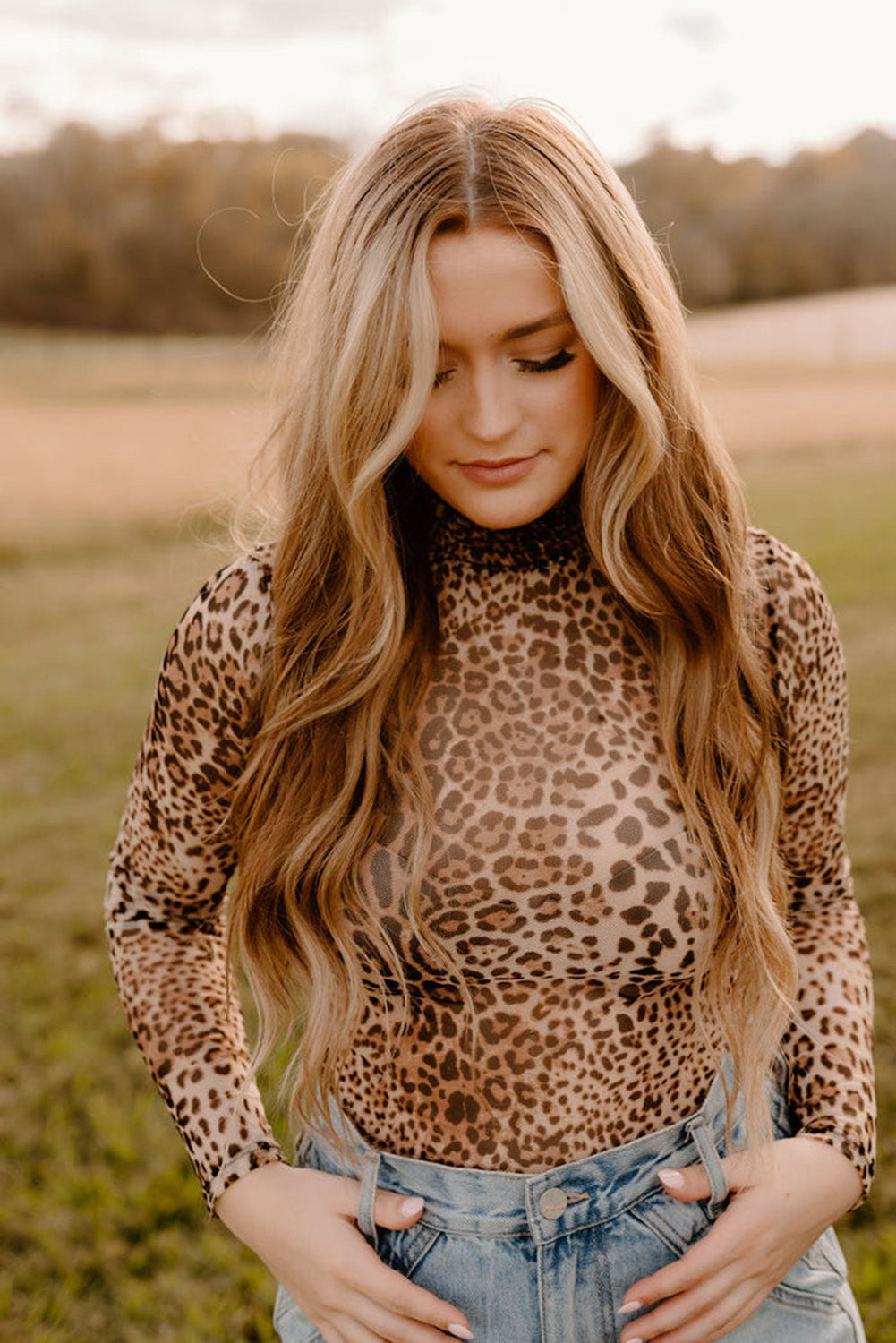Brown Leopard Smocked Neck Mesh Long Sleeve Bodysuit eAura