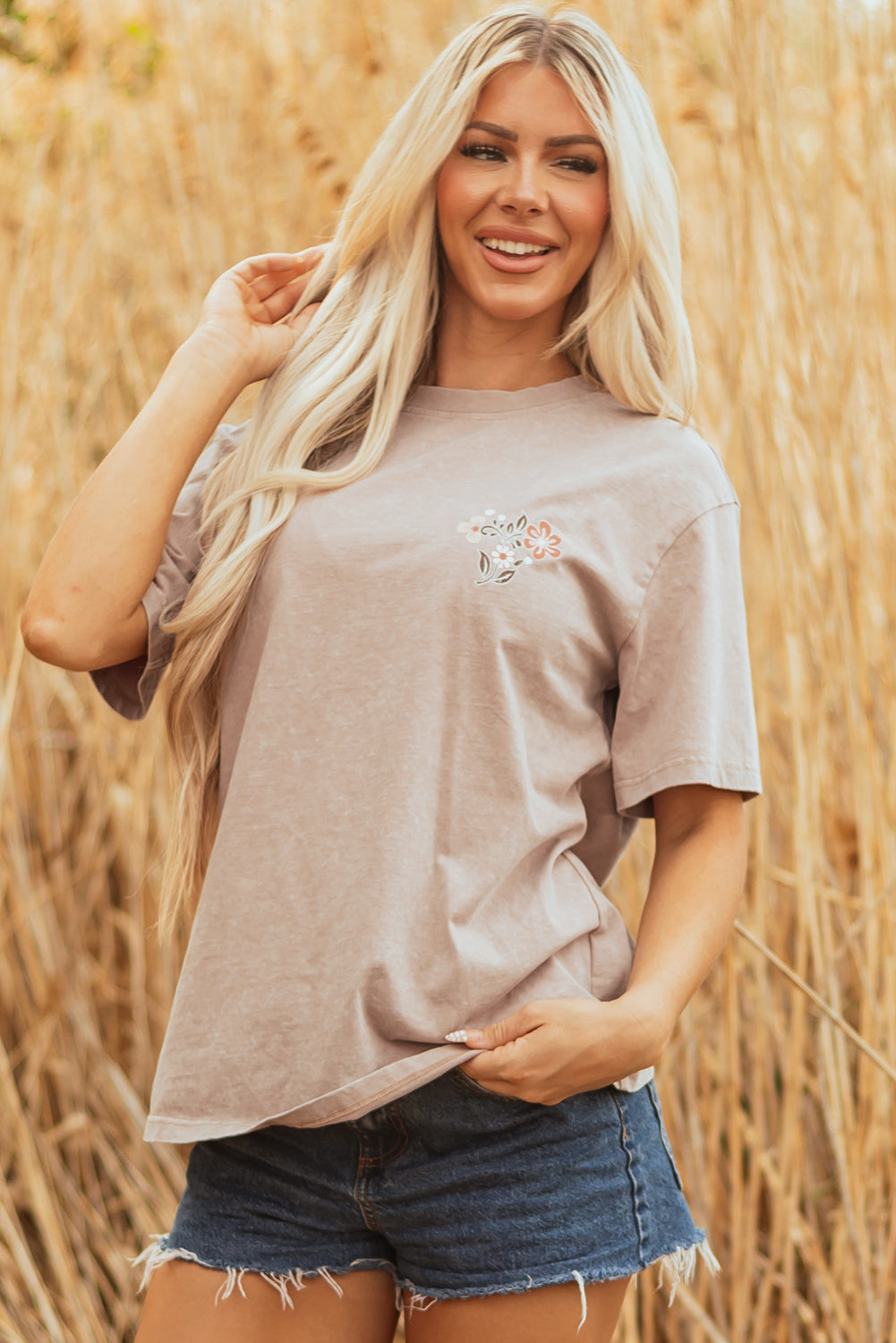 Smoke Grey Mineral Wash Floral Steer Head Printed Back Western Fashion Tee eAura